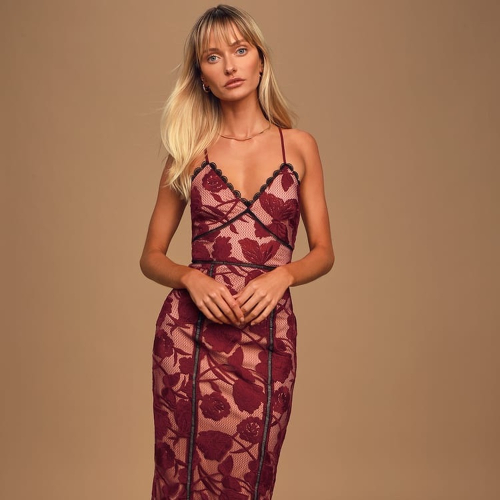 Lulus Burgundy Floral Mesh Lace Trumpet Midi Dress
